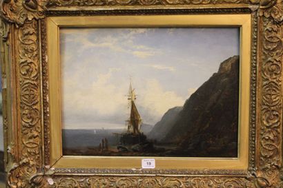 Ecole du XIXème siècle: Marine, huile sur carton, porte une signature en bas à droite,...