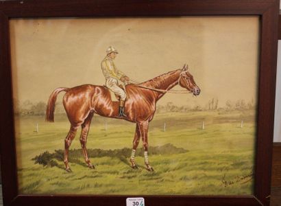 F. de Dainville -Cheval et son jockey; - Cheval au pré, deux aquarelles gouachées,...