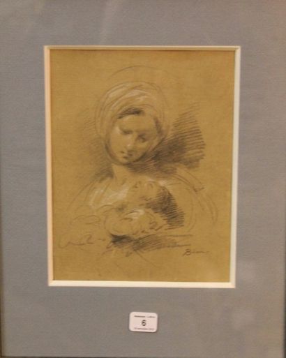Giuseppe BISON (1762-1844) Femme et enfant, crayon noir, rehauts de blanc, signé...