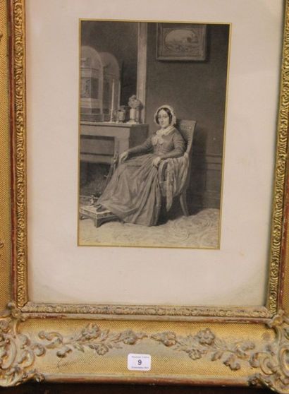 Ecole Française du XIXème siècle: Portrait de femme assise dans un intérieur. Lavis...