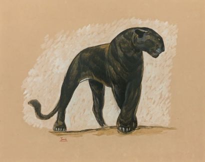 Paul JOUVE Panthère noire marchant, vers 1919, eau-forte, sujet 28 x 36 cm, marges...
