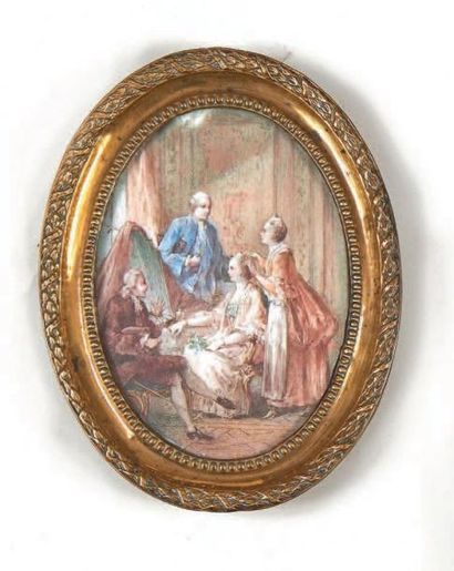 Ecole Française du XIXe siècle dans le goût du XVIIIe siècle 
Jeune femme à sa toilette
Miniature...