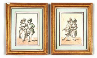 École FRANÇAISE du XVIIIe siècle 
Couple dansant
Deux dessins, plume et aquarelle...