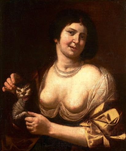 Ecole italienne du XVIIe siècle 
Jeune femme au chat dans le goût de Caroselli
Huile...