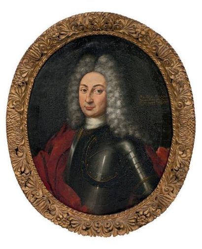 ECOLE SUISSE DU XVIIIe SIÈCLE 
Portrait de Pierre Joseph, baron de Besenval en cuirasse
Huile...