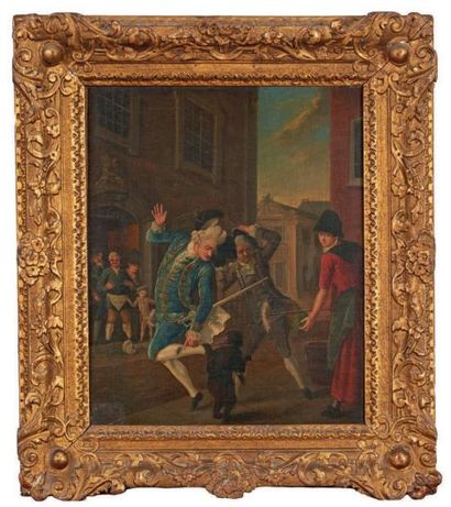 Entourage de Thomas PATCH (1725-1782) 
Scène de rue: la rencontre avec un singe savant
Huile...