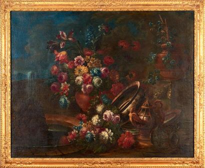 Ecole Italienne du XVIIIe siècle 
Nature morte de fleurs et d'ustensiles devant un...