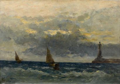 Frank Myers BOGGS (1855-1926) 
Ciel gris sur le phare
Huile sur toile, signée en...