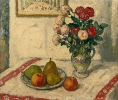 Georges D'ESPAGNAT (1870-1950) 
Bouquet de roses et assiette de fruits
Huile sur...