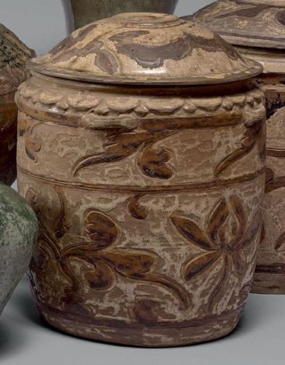 null Pot couvert cylindrique à petites anses en céramique émaillée beige et brun...