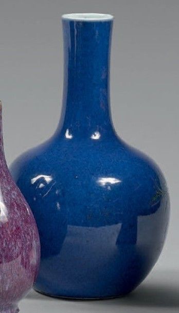 null Petit vase en porcelaine émaillée bleu poudré, surdécorée en émaux polychromes...