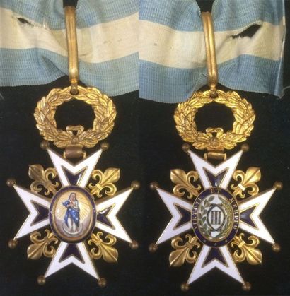 Espagne Ordre de Charles III, croix de commandeur en bronze doré et émaillé, la Vierge...
