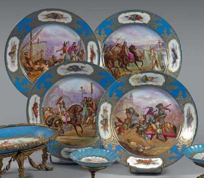 null Suite de quatre assiettes en porcelaines de Sèvres surdécorées de scènes historiques...