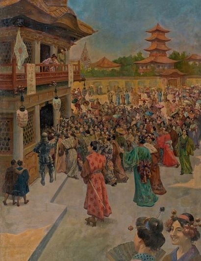 École du XIXe siècle Scène asiatique: personnages à l'entrée d'un pavillon
Huile...