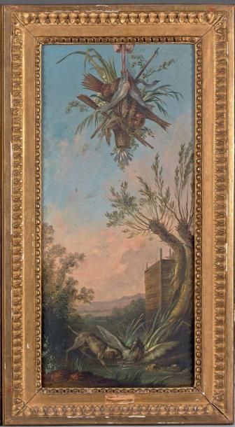 Christophe HUET (1700-1759) Paysage exotique et volatiles
Chien, oiseau et trophée...