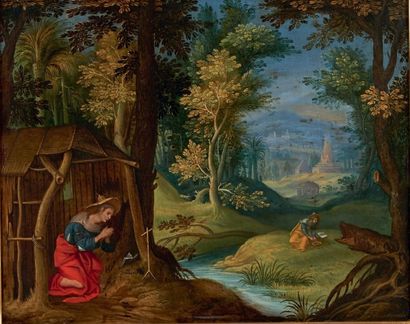 École Flamande du XVIIe siècle 
- Sainte Madeleine dans un paysage
Huile sur cuivre.
28...