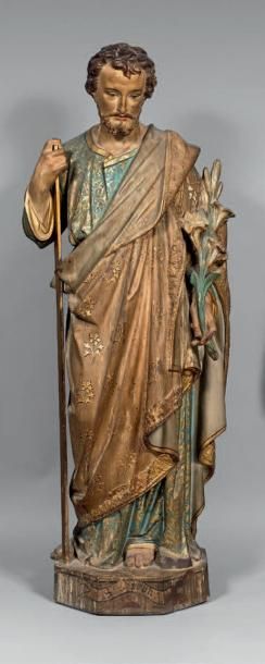 null Statue en terre cuite polychrome sculptée d'un Saint Joseph.
(Petite réparation).
Hauteur:...