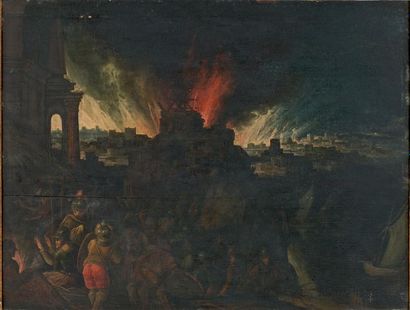 ÉCOLE FLAMANDE du début du XVIIe siècle L'incendie de Troie
Huile sur panneau, parqueté.
49...