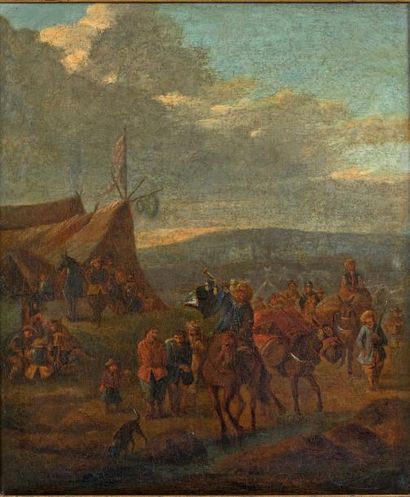 Suiveur de Peter WOUWERMAN (1623-1682) Annonce faite par un héraut dans un village
Huile...