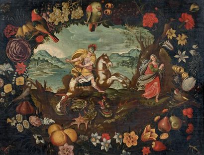 École Flamande du XVIIe siècle Couronne de fleurs, fruits et perroquets, entourant...
