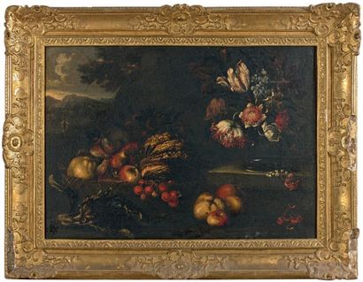 École Flamande du XVIIe siècle Nature morte de fruits
Huile sur toile.
(Accidents...