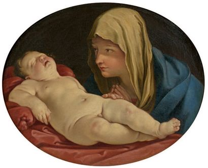 Ecole Italienne du XIXe siècle La Vierge et l'enfant Jésus endormi, d'après Sassoferatto...