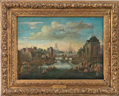 ATTRIBUÉ À PIETER VAN BREDAEL (1629-1719) Vue d'un port hollandais
Vue de l'Île de...
