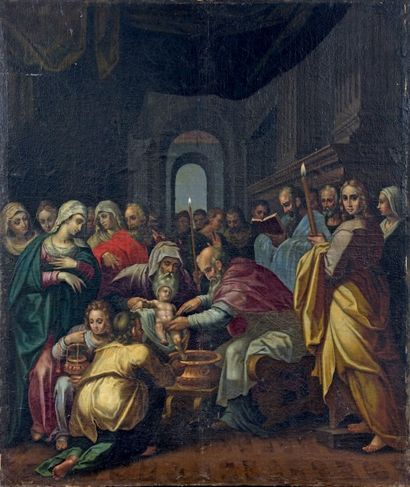 Attribué à Giam Battista RAMENGHI dit il BAGNACAVALLO (Bologne, 1521-1601) La Circoncision
Huile...