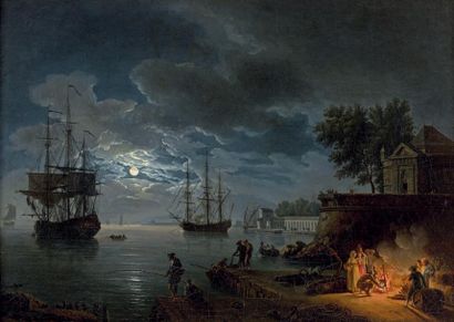 École FRANÇAISE du XVIIIe siècle Marine de nuit, pêcheurs et groupe de personnages...