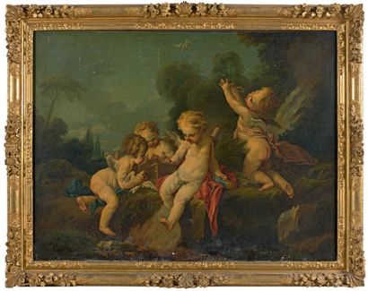 ÉCOLE FRANÇAISE du XVIII siècle, d'après François BOUCHER Les Amours oiseleurs
Huile...