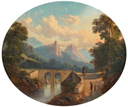École Française du XIXe siècle Pont au dessus d'une rivière dans un paysage montagneux...