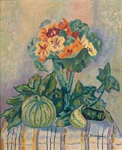 Henri Charles MANGUIN (1874-1949) 
Melons et capucines, 1937
Huile sur toile, porte...