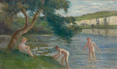 Maximilien Luce (1858-1941) 
Rolleboise, baignade
Huile sur toile, signée en bas...