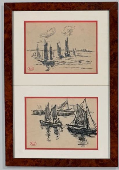 Maximilien Luce (1858-1941) 
Honfleur, voiliers
Deux dessins dans un même cadre,...