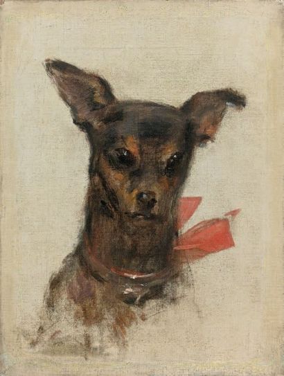 Léon François COMERRE (1850-1916) 
Chihuahua au noeud rouge
Huile sur toile, porte...