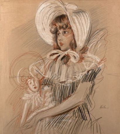 Paul-César HELLEU (1859-1927) 
Fillette à la poupée, vers 1905
Dessin aux trois crayons,...