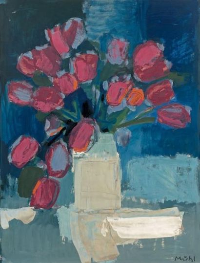 Roger MUHL (1929-2008) 
Tulipes au vase blanc
Gouache, signée en bas à droite.
66...