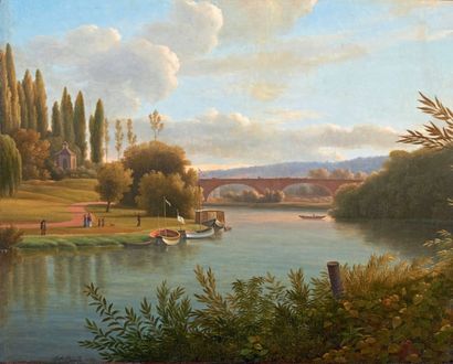 Jean Joseph Xavier BIDAULD (1758-1846) Paysage fluvial, promeneurs dans un parc près...