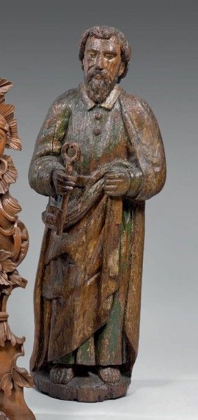 null Statue d'applique en bois polychrome sculpté d'un Saint Pierre.
XVIIe siècle.
(Accidents...