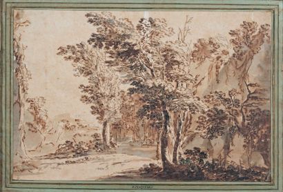 École FRANÇAISE du XVIIIe siècle Paysage boisé
Plume, lavis brun.
28 x 43 cm