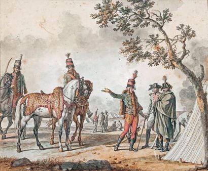 Jacques François SWEBACH-DESFONTAINES (1769-1823) Groupe de hussards devant un campement
Combat...