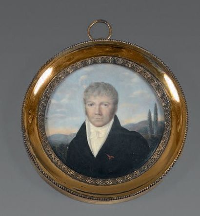 Jacques LARUE dit MANSION (mort en 1834) Portrait d'homme devant un paysage
Miniature,...