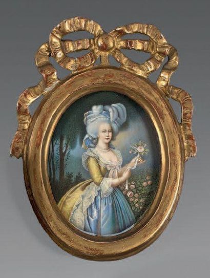 École Française du XIXe siècle Portrait de Marie-Antoinette tenant une rose
Miniature...