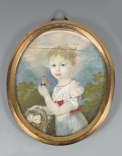 École FRANÇAISE du début du XIXe siècle Portrait d'enfant au panier de fleurs
Miniature...