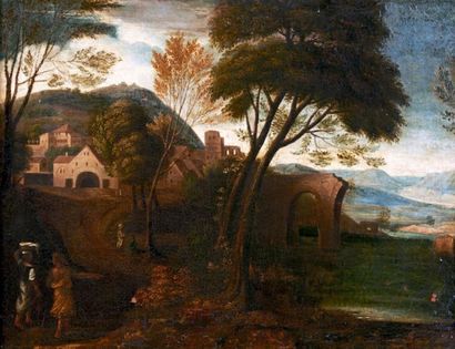 Artiste flamand travaillant en Italie au XVIIe siècle Paysage au pont en ruine, animé...