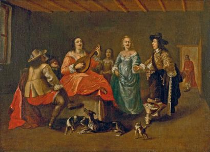 Entourage de Christophe Jacob Van der LAMEN (1615-1651) Réunion de personnages autour...