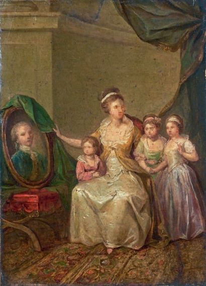 École FRANÇAISE du XVIIIe siècle Une jeune femme montrant à ses enfants le portrait...