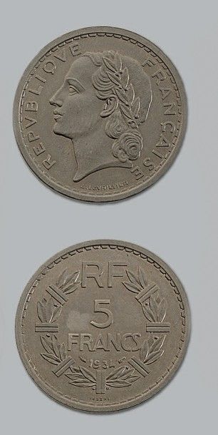 null TROISIÈME RÉPUBLIQUE (1871-1940)
5 francs. Essai Lavrillier. 1934. Nickel.
G....