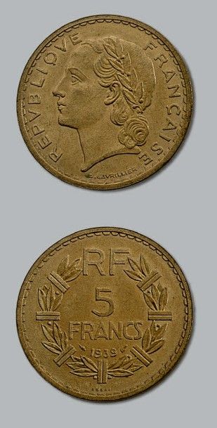 null TROISIÈME RÉPUBLIQUE (1871-1940)
5 francs. Essai Lavrillier. 1939. Cupro-aluminium.
G....