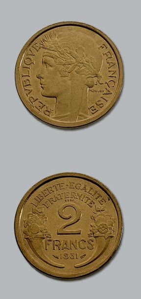 null TROISIÈME RÉPUBLIQUE (1871-1940)
2 francs Morlon. 1931. Essai piéfort en cupro-aluminium.
2...